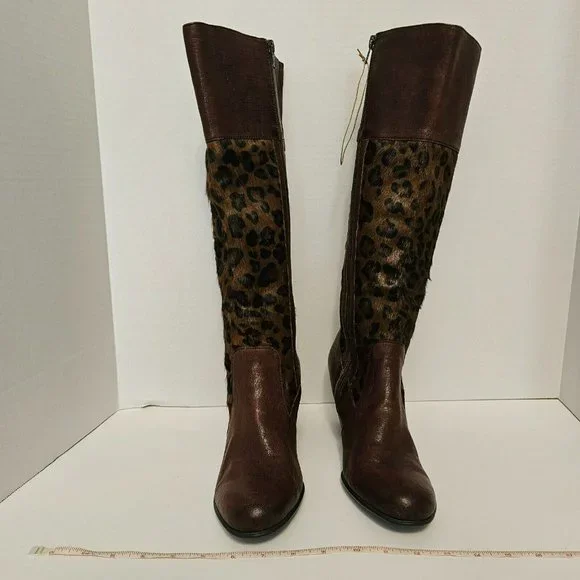 Born Brown Boots Knee High Zip Leopard Print Pony Hair Women Size 9 1/2 - Picture 4 of 16